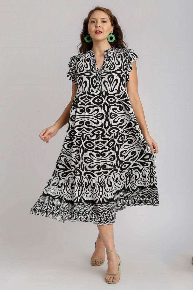 Umgee Full Size Two Tone Border Print Ruffle Cap Sleeve Midi Dress Plus Size - New Arrivals